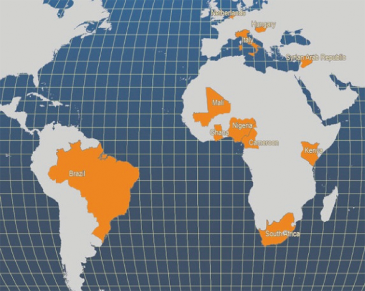 Carte des principaux pays producteurs de clarias gariepinus